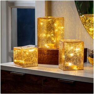 Set of 3 Evergreen LED Glass Cube Towers Light Up Table Decor Batteries Included